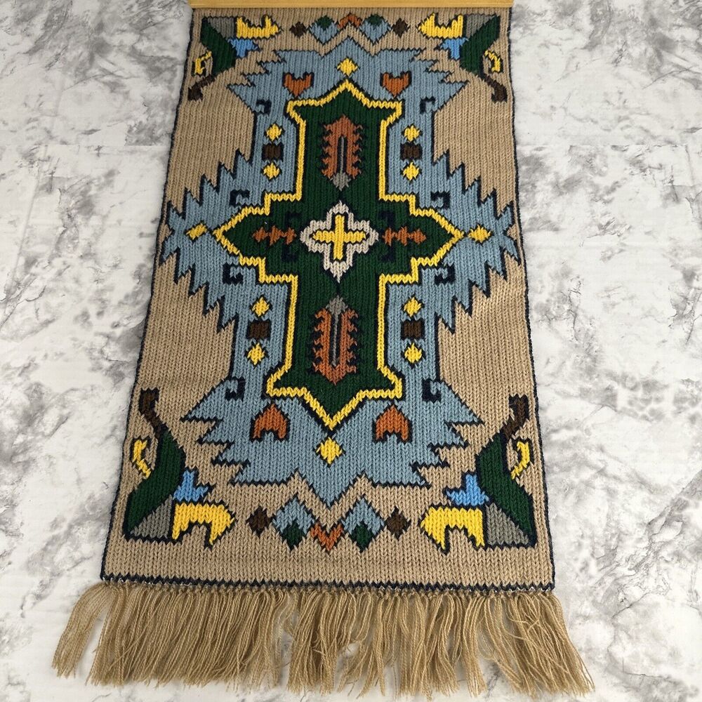 Vintage Handmade‎ Knit Wall Hanging Tapestry Fringe Trim 20"x10"